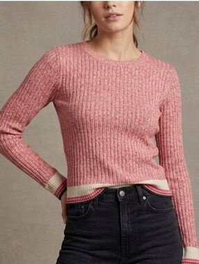 PRINCE & FOX Ribbed Knit Long Sleeve Sweater Pink Marl Striped Trim Size XS/TP